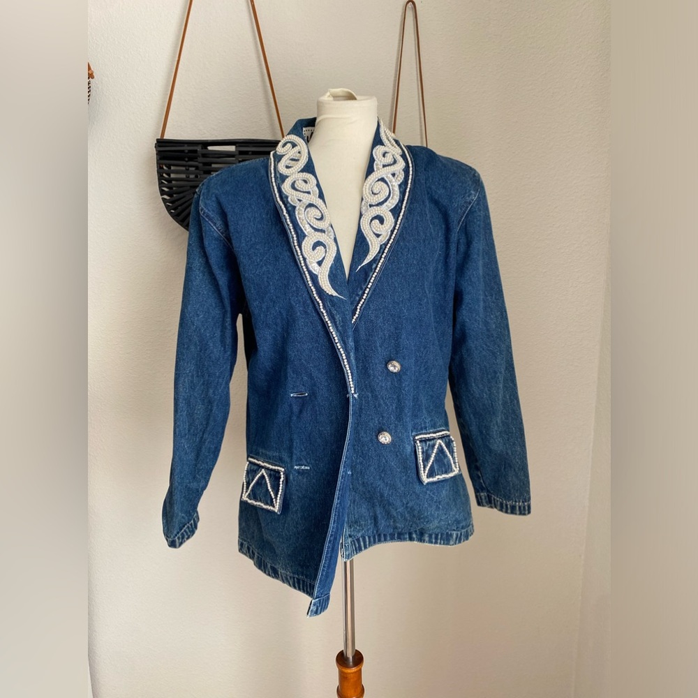 Vintage Jazzino Embroidered Shoulder Pads Denim Jacket, Size Large